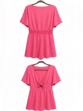 Hot Pink Short Sleeve Tie-Front Romper
